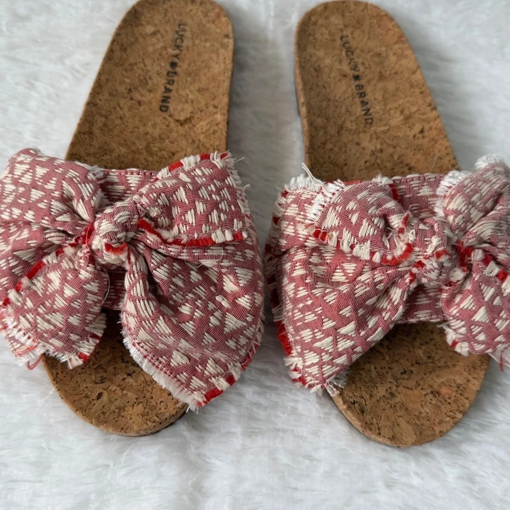 Lucky Brand Red Woven Bow Cork Slide Sandals Womens 8.5 M Flat‎ Summer Shoes